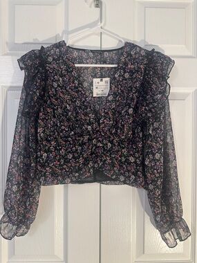 Zara Black Sheer Floral Ruffle Blouse